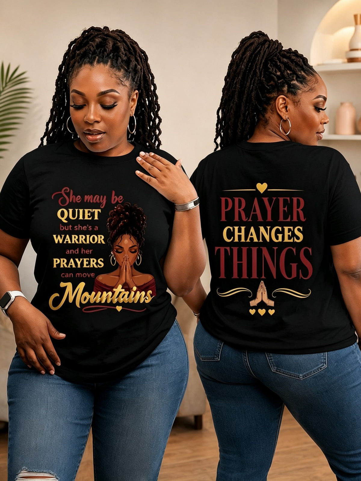 She May Be Quiet Warrior Prayer Changes Things Double Sided Graphic Tee Women Casual Faith Short Sleeve T-Shirt