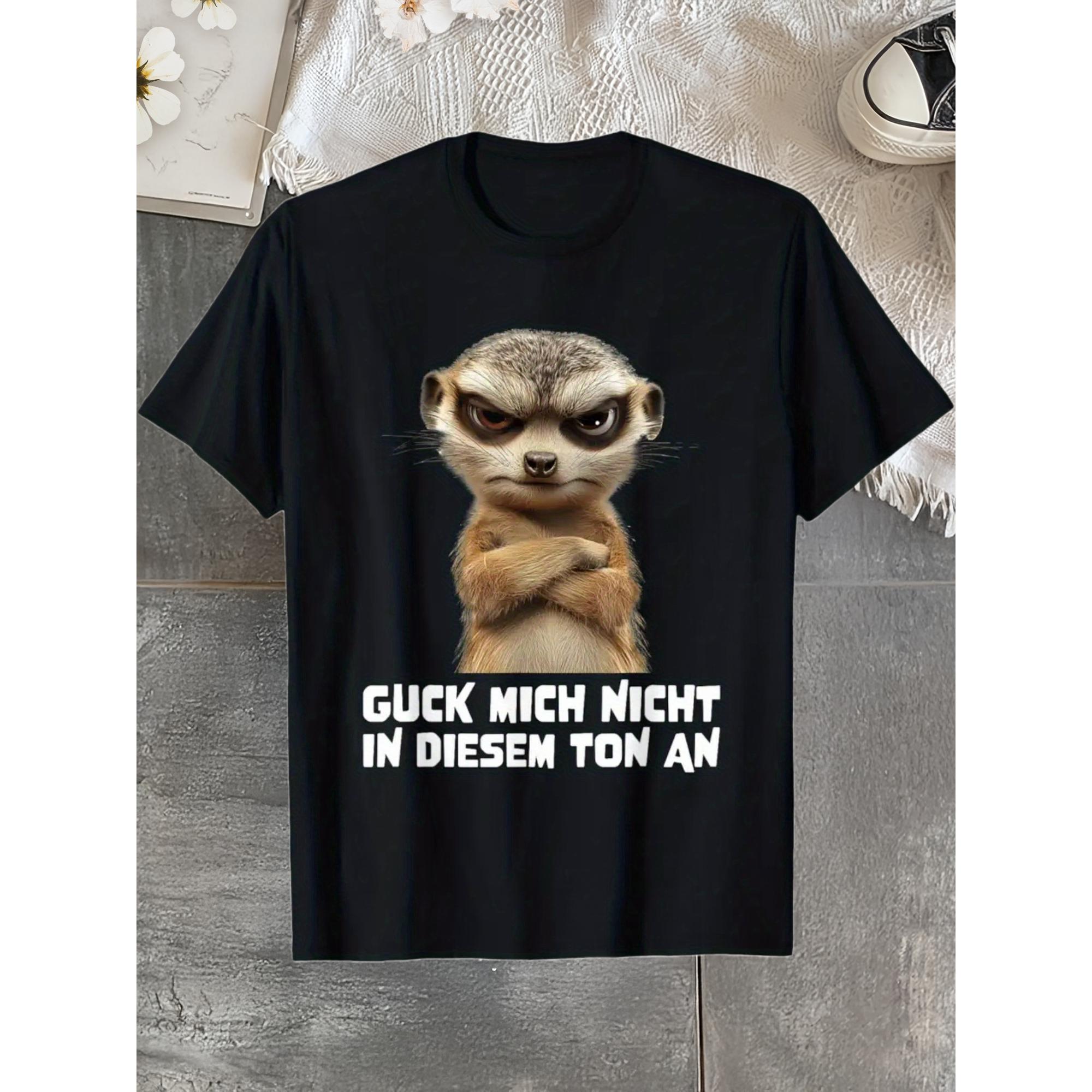 Black Casual Crew Neck Short-Sleeved T-Shirt, Printed with an Angry Meerkat And Words Guck Mich Nicht in Diesem Ton An, Unisex, Suitable All Seasons