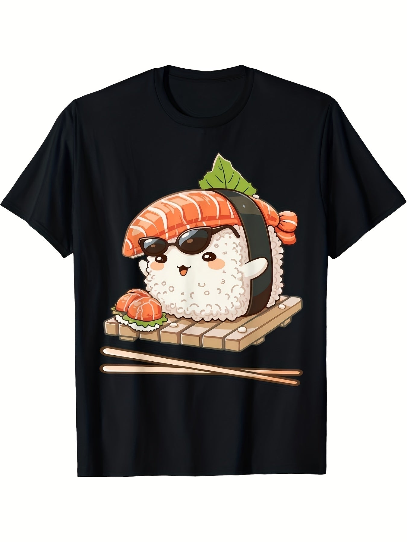 Cute Cool Sunglasses Salmon Nigiri Sushi Anime Graphic Short Sleeve T-Shirt, Unisex Crew Neck Cotton Tee, All Season Kawaii Japanese Food Top, Novelty Gift For Foodies And Sushi Enthusiasts