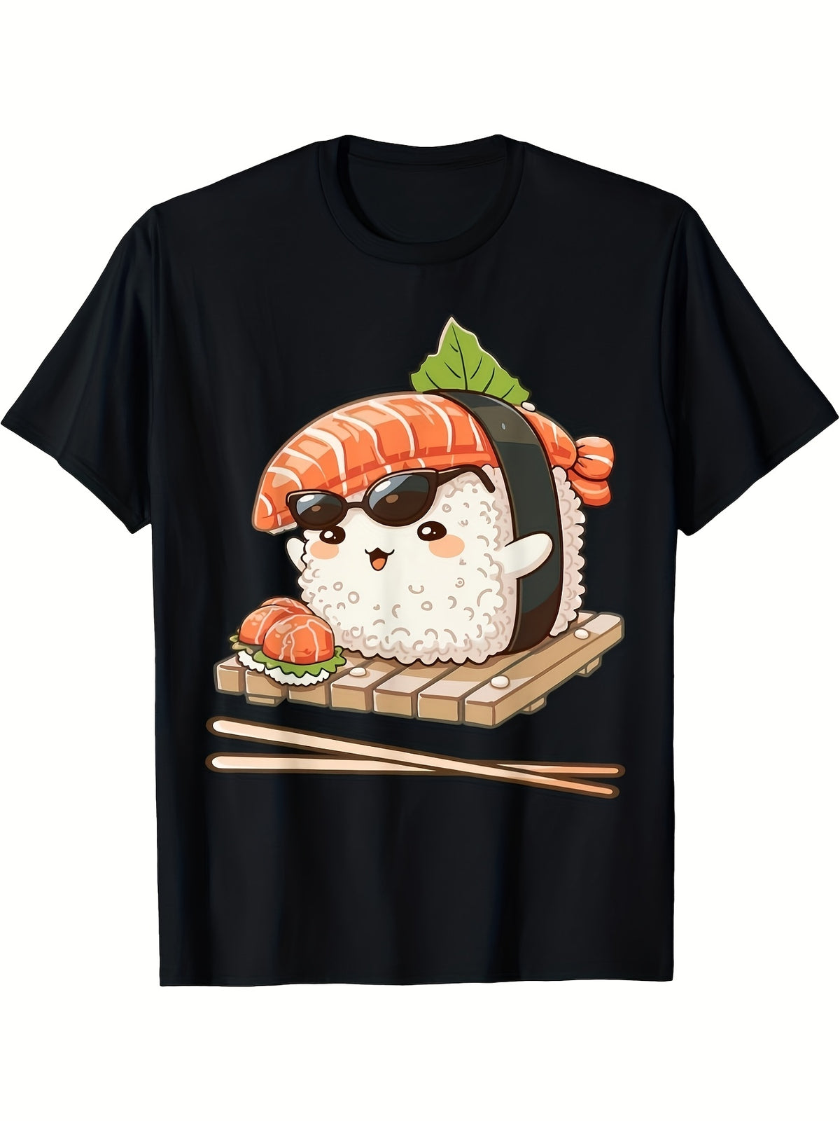 Cute Cool Sunglasses Salmon Nigiri Sushi Anime Graphic Short Sleeve T-Shirt, Unisex Crew Neck Cotton Tee, All Season Kawaii Japanese Food Top, Novelty Gift For Foodies And Sushi Enthusiasts