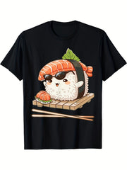 Cute Cool Sunglasses Salmon Nigiri Sushi Anime Graphic Short Sleeve T-Shirt, Unisex Crew Neck Cotton Tee, All Season Kawaii Japanese Food Top, Novelty Gift For Foodies And Sushi Enthusiasts