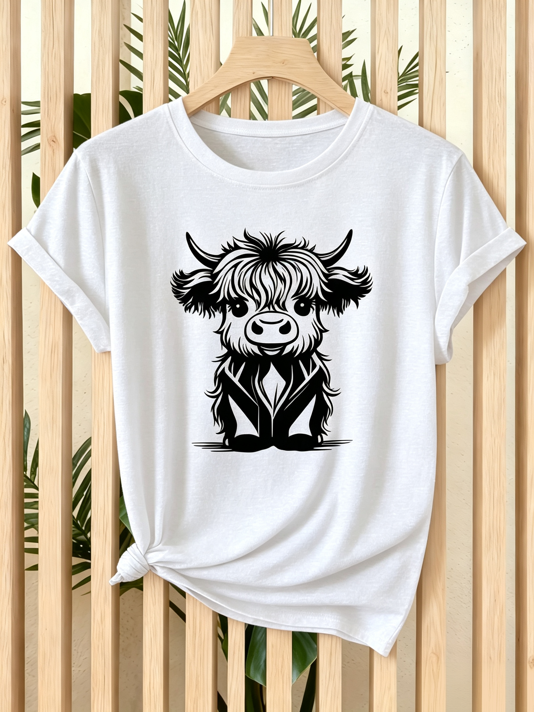 Women's Vintage Highland Cow Scottish Cow Line Drawing T-Shirt