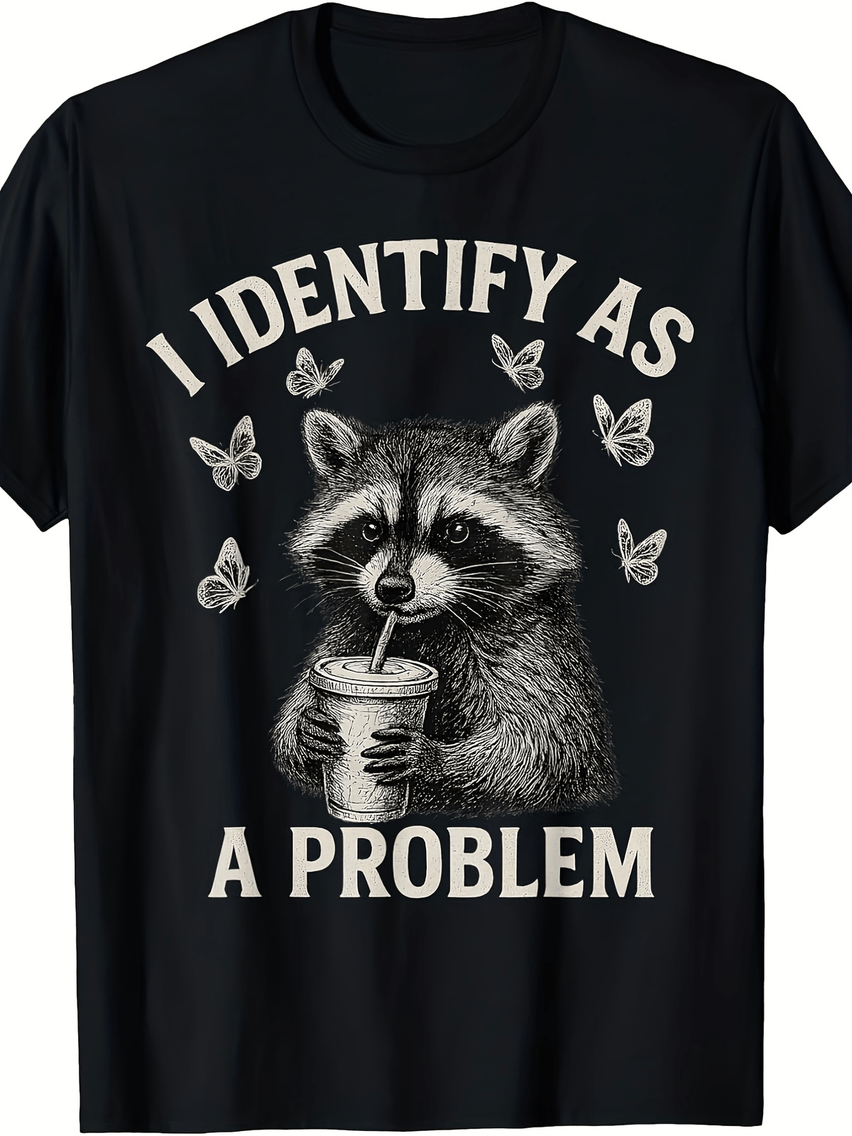 Funny I Identify As a Problem Raccoon Meme T-Shirt Retro Raccoon Graphic Print Tee Soft Breathable Fabric Suitable for Parties Casual Wear Animal Outfits Humor Apparel
