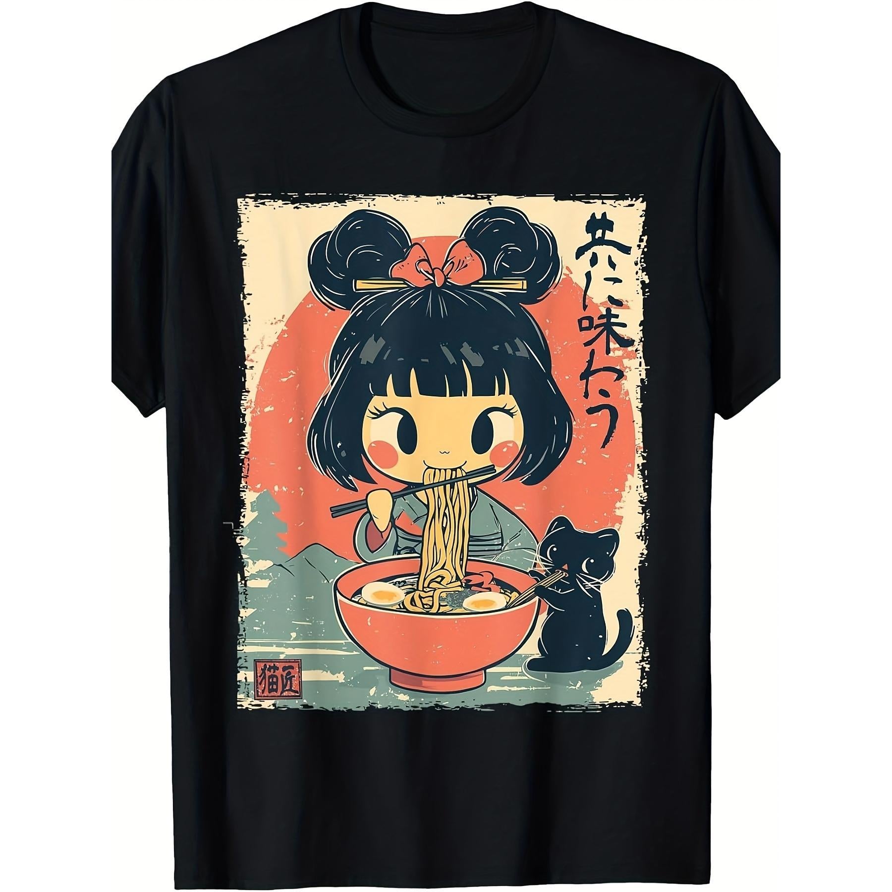 Kawaii Ramen Girl Cat Anime Tee – Pure Cotton Unisex Japanese Streetwear Shirt, Summer Short Sleeve