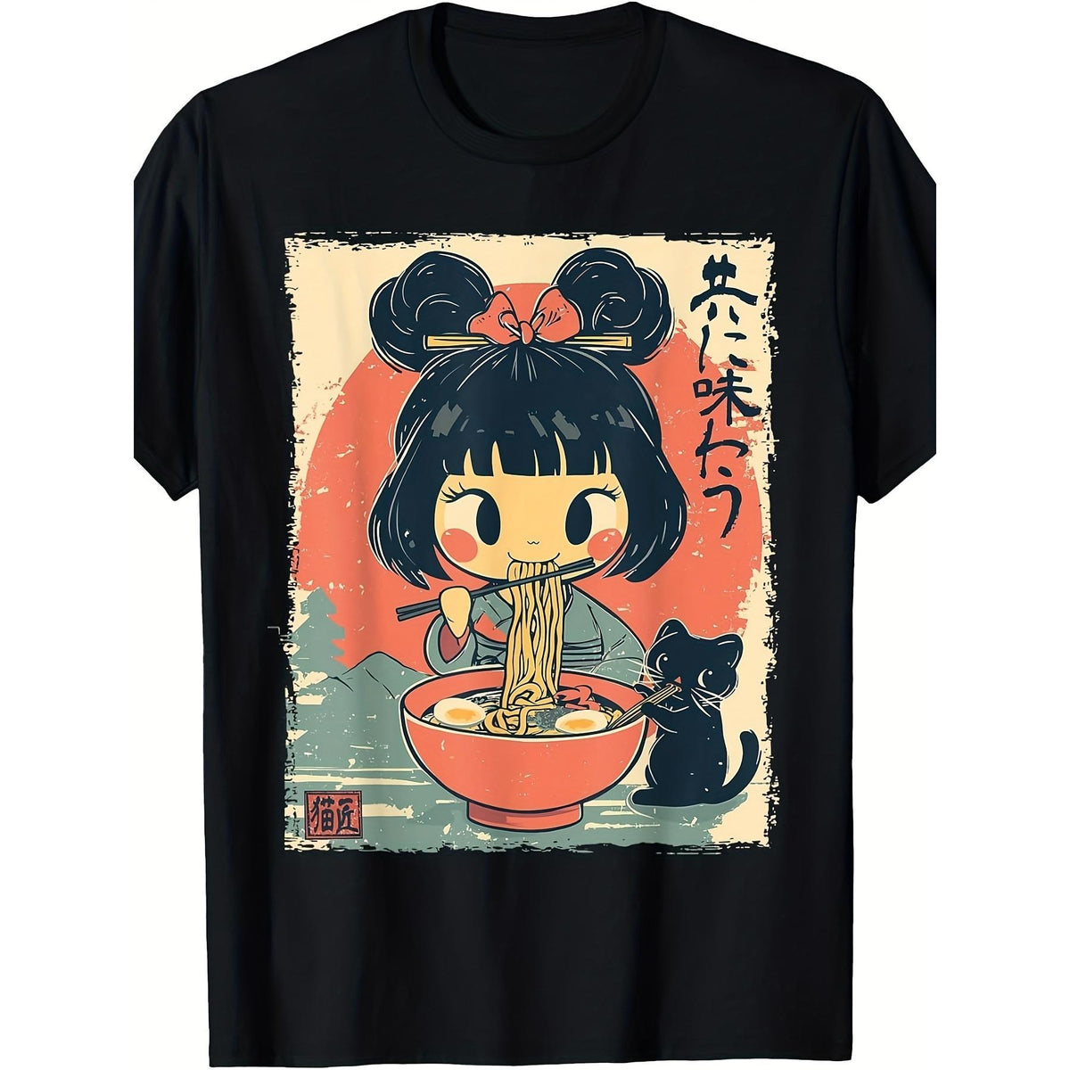 Kawaii Ramen Girl Cat Anime Tee – Pure Cotton Unisex Japanese Streetwear Shirt, Summer Short Sleeve