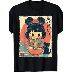 Kawaii Ramen Girl Cat Anime Tee – Pure Cotton Unisex Japanese Streetwear Shirt, Summer Short Sleeve