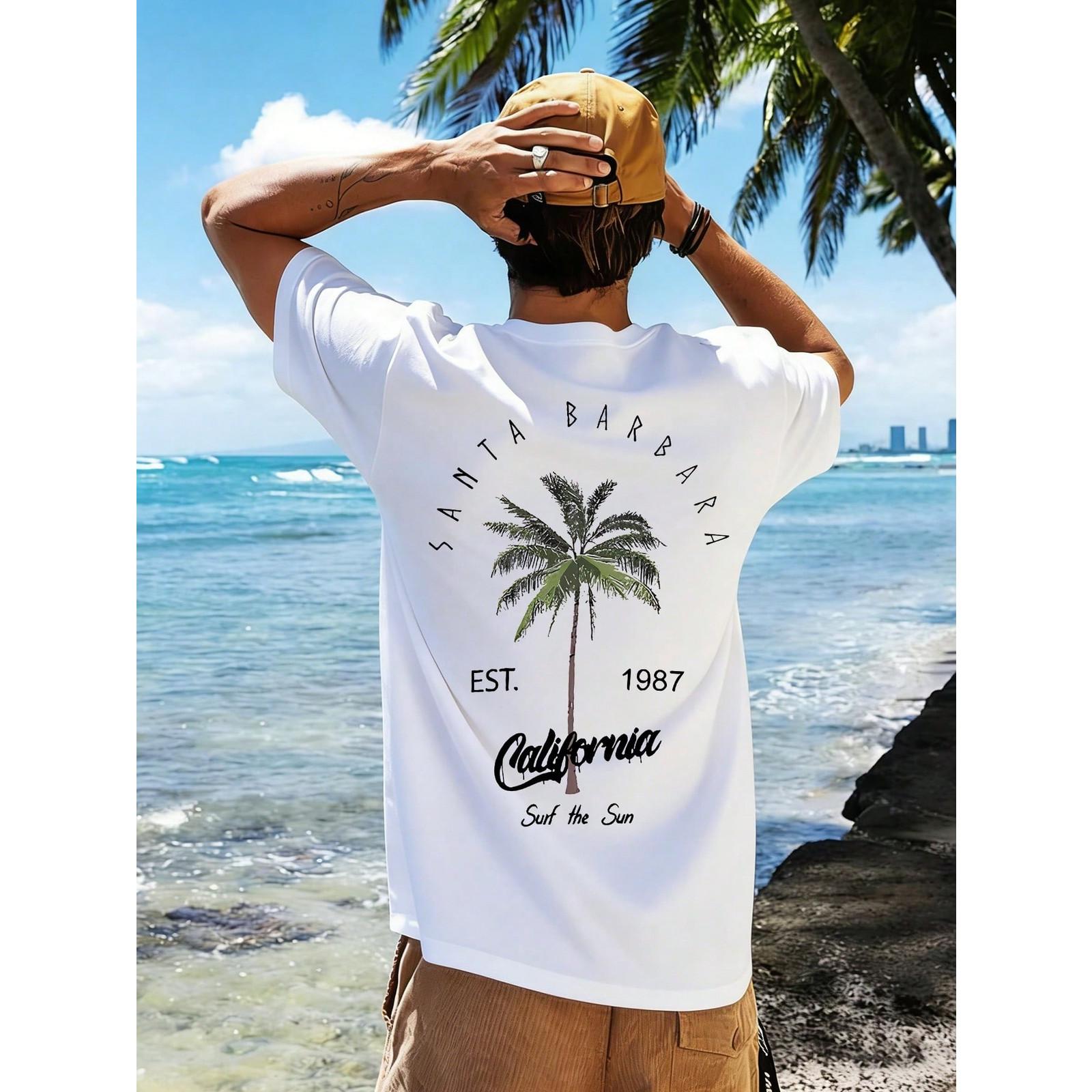Summer New Men's Coconut Tree Letter Print Short Sleeve Round Neck T-Shirt