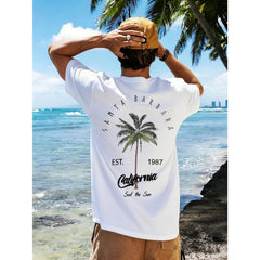 Summer New Men's Coconut Tree Letter Print Short Sleeve Round Neck T-Shirt