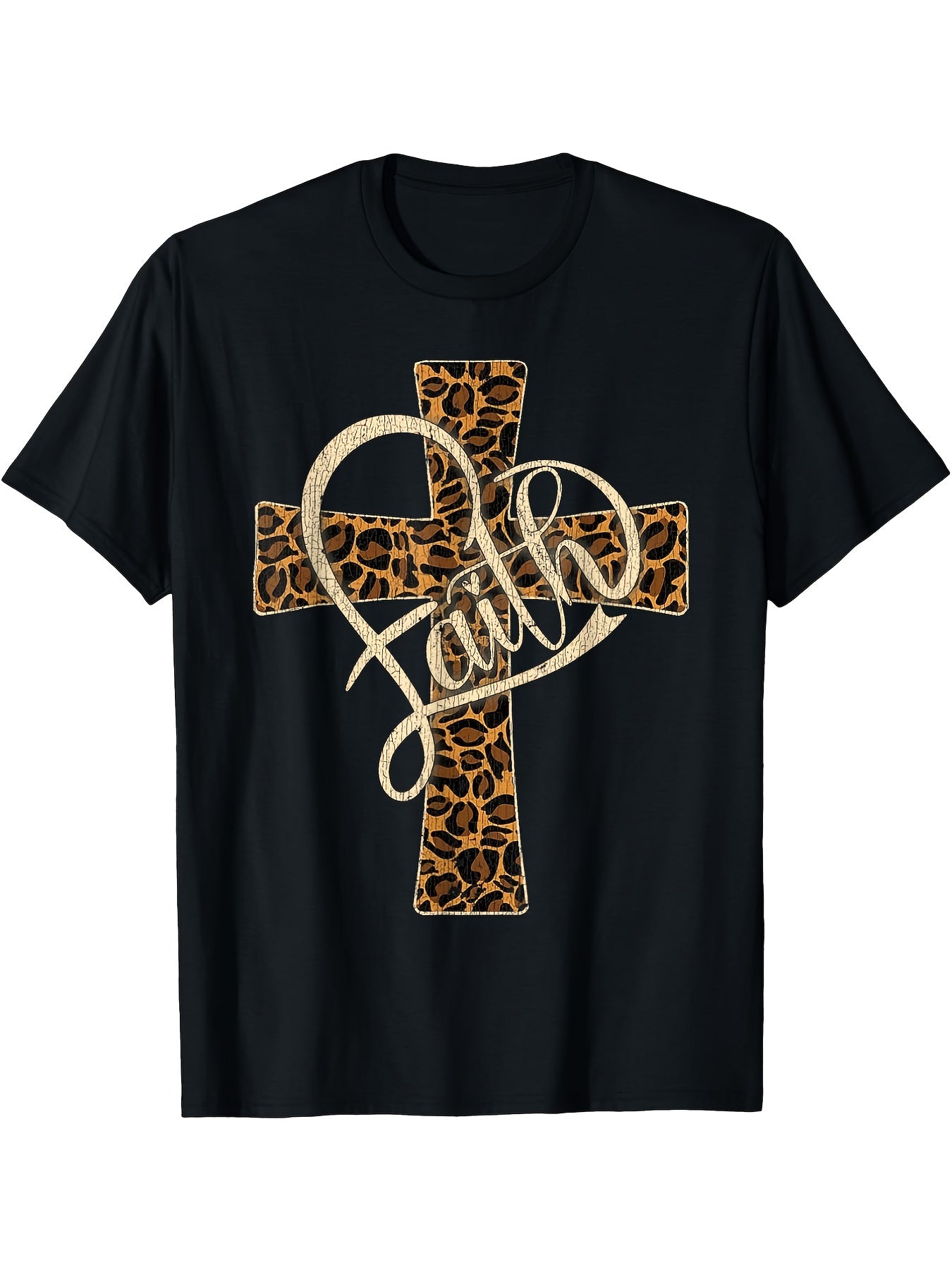 Western Leopard Faith Cross Unisex T-Shirt, All Season Religious Graphic Top, Casual Daily Apparel For Faith Followers And Leopard Pattern Fans