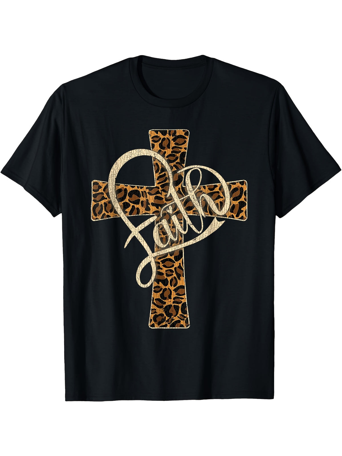 Western Leopard Faith Cross Unisex T-Shirt, All Season Religious Graphic Top, Casual Daily Apparel For Faith Followers And Leopard Pattern Fans