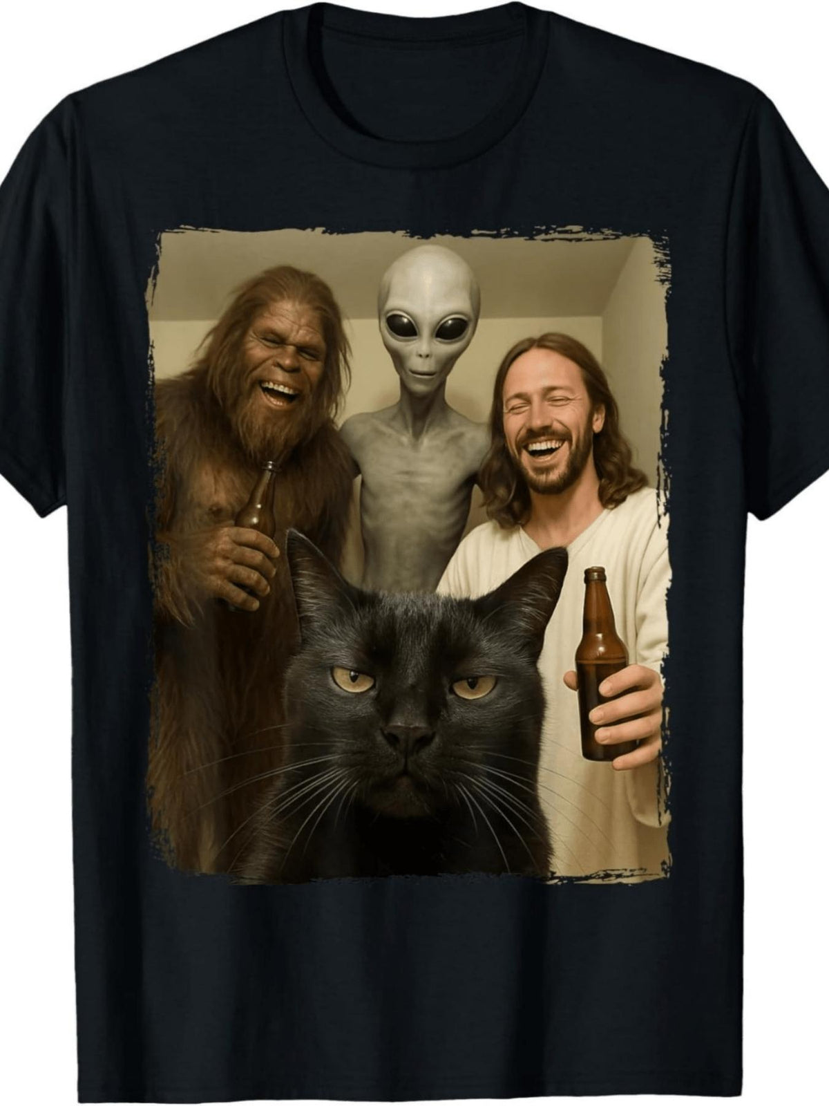 Fun Graphic TShirt (Epic Cat and Friends with Mystery Figures) – Black Short Sleeve Crew Neck Style Quirky Essential Cat Lovers TShirt