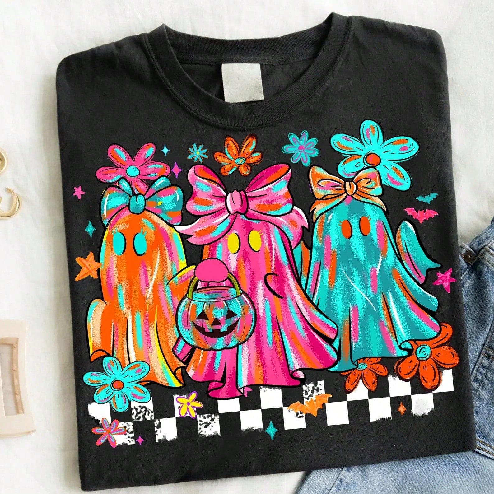Neon Ghost Bow Graphic Tee Checkerboard Halloween Pumpkin Bucket Print Top