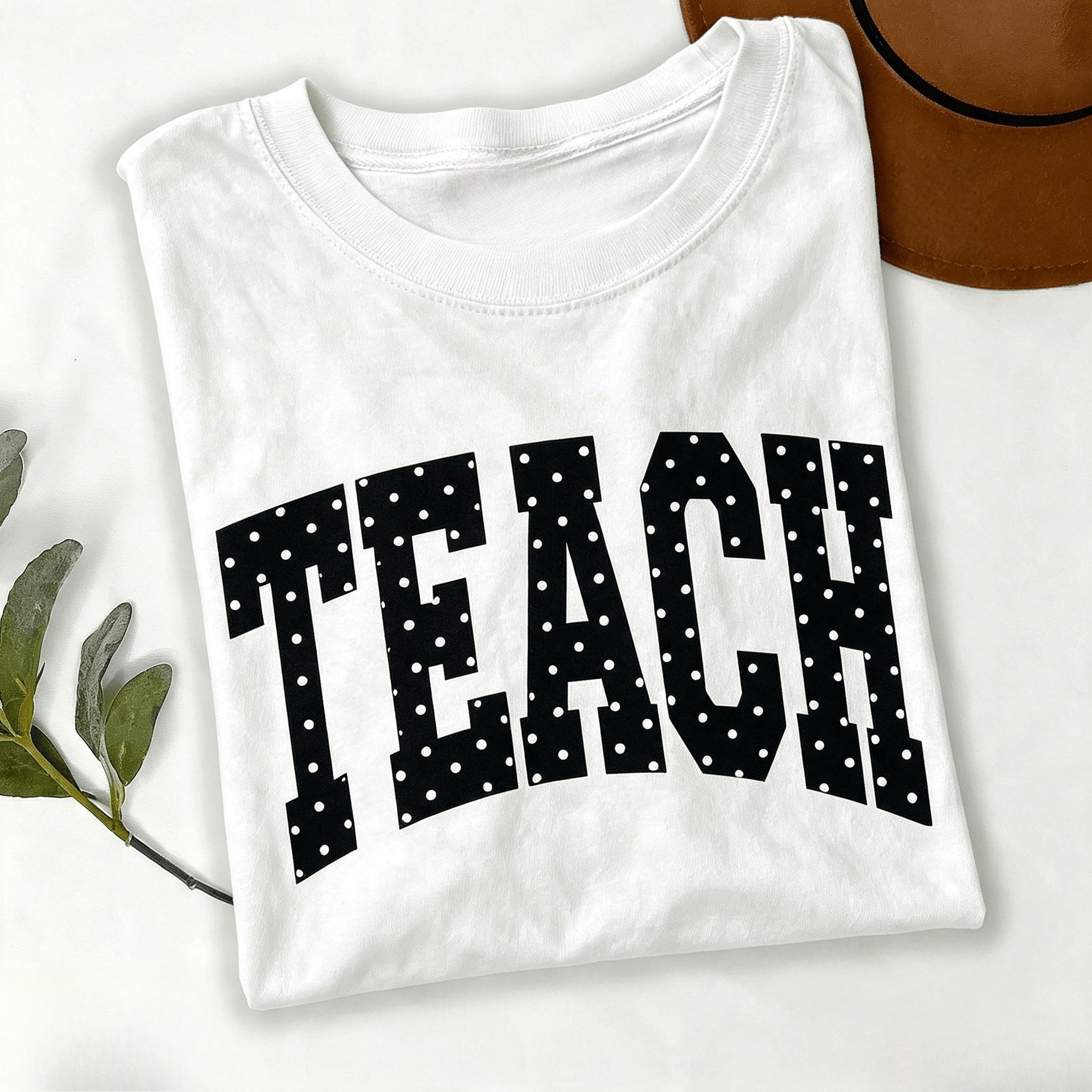 Women's "TEACH" Polka Dot Varsity Letter Graphic T-Shirt, Casual Teacher Short Back To School Casual Short Sleeve Tee,Teacher Life