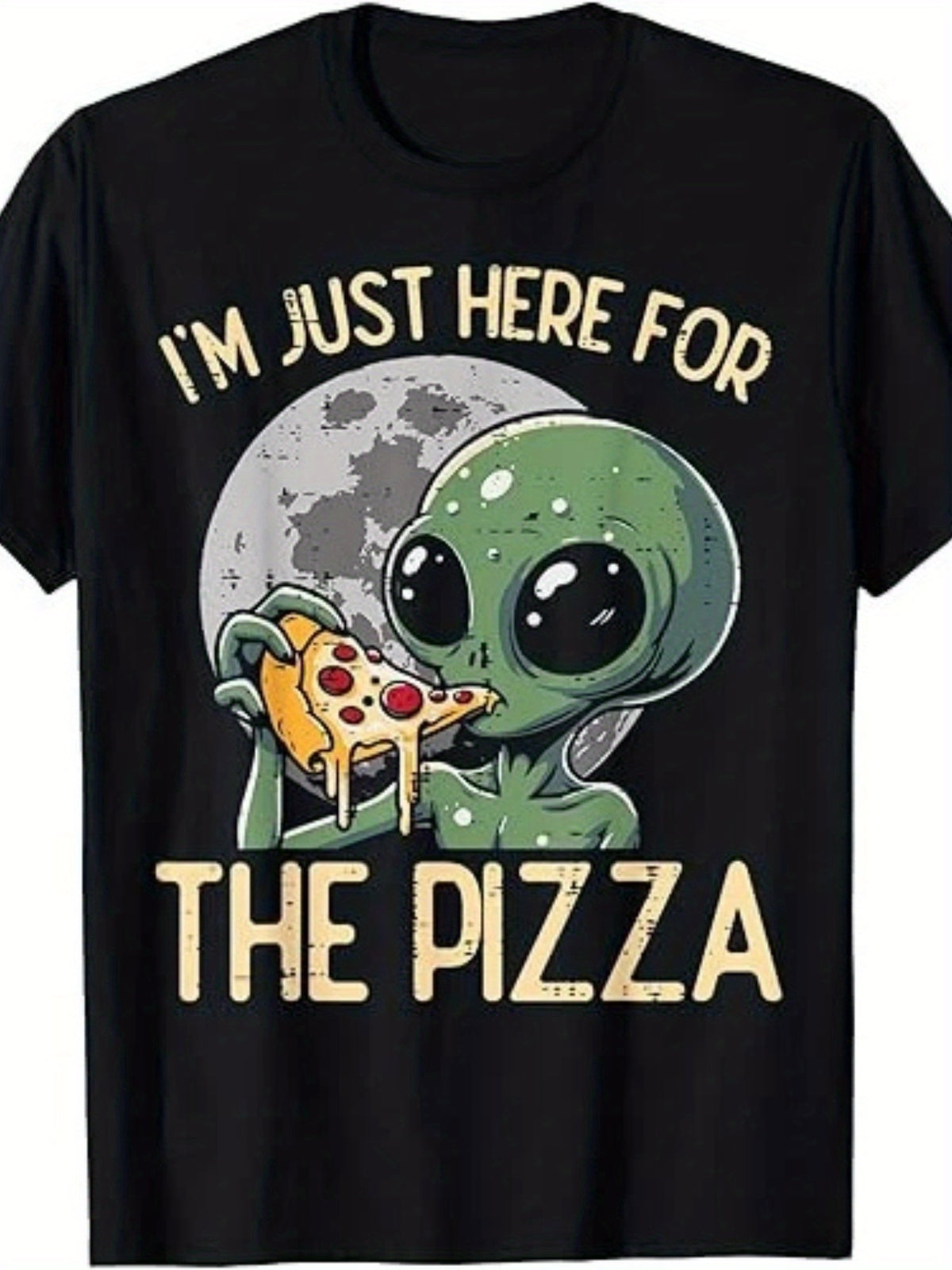 I Am Just Here For The Pizza Alien Graphic Tee for Men, Funny 80s Sci-Fi UFO Retro Short Sleeve T-Shirt, Green Alien Pizza Slice Print Casual Crew Neck Top for Daily Wear