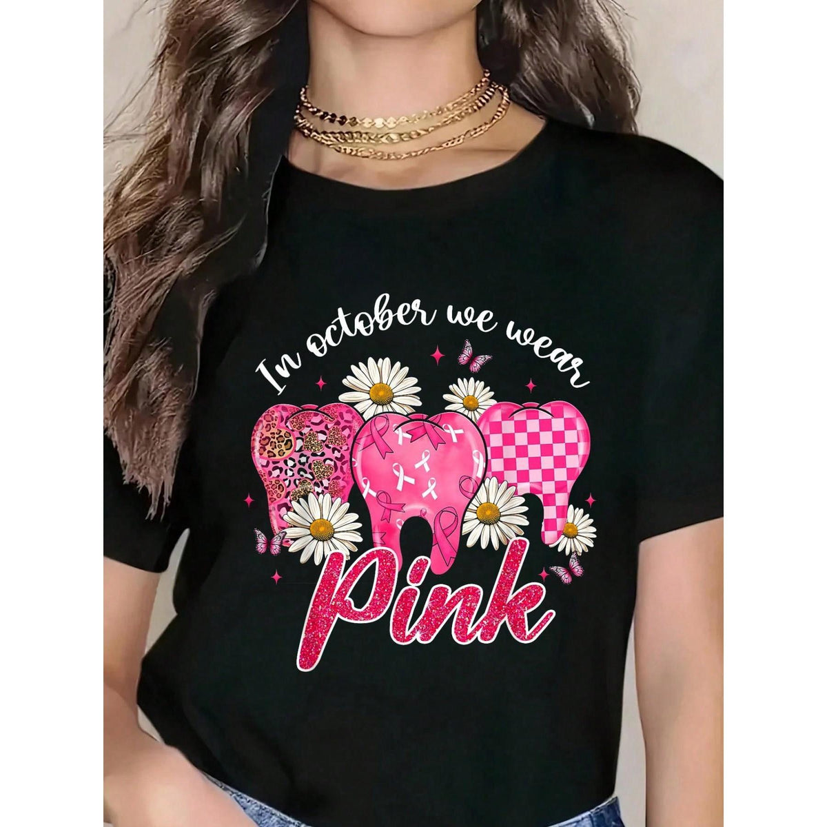 In October We Wear Pink Tooth Dental Butterfly Breast Cancer T-Shirt Graphic Tee 100% Cotton Soft And Comfortable Perfect For Daily Casual Wear