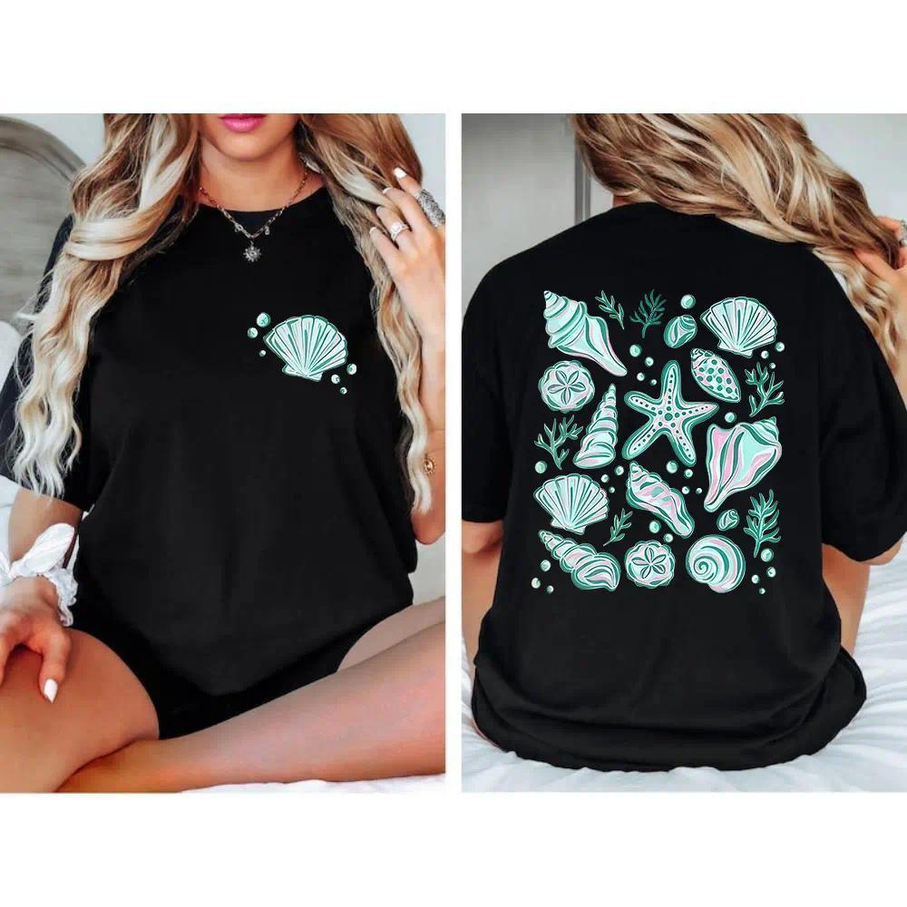 Summer Seashells Shirt | Front And Back Coastal Beach Shell Tee Tshirt | Vacation Summer Tee Shirt