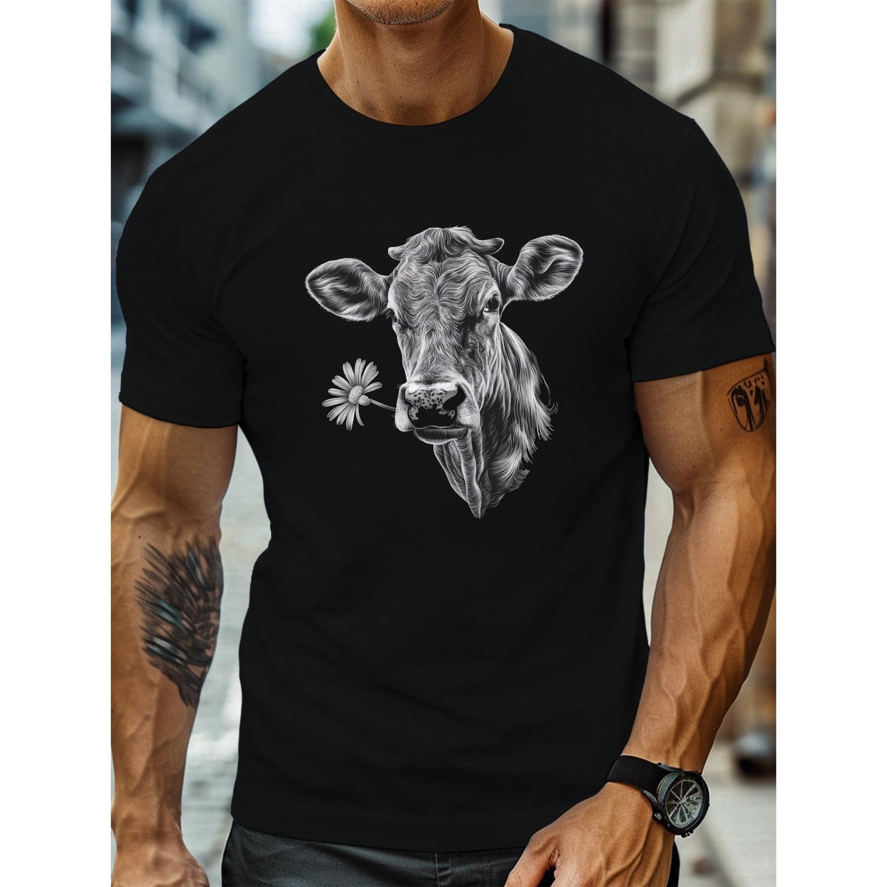 Casual Short-Sleeve T-Shirts Featuring a Detailed Graphic Print of a Cow'S Head, Perfect for Everyday Wear Individuals