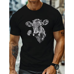 Casual Short-Sleeve T-Shirts Featuring a Detailed Graphic Print of a Cow'S Head, Perfect for Everyday Wear Individuals