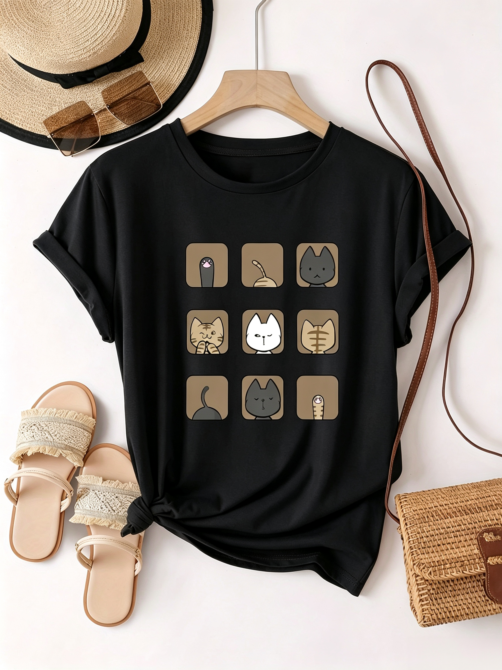 Cute Cat T-Shirt 3x3 Nine Grid Cats Graphic Tee For Cat Lovers