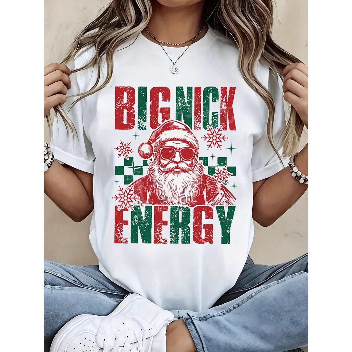 Big Nick Energy Christmas Santa T-Shirt Funny Holiday Ugly Sweater Style Graphic Tee For Women Men Xmas Party Casual Wear