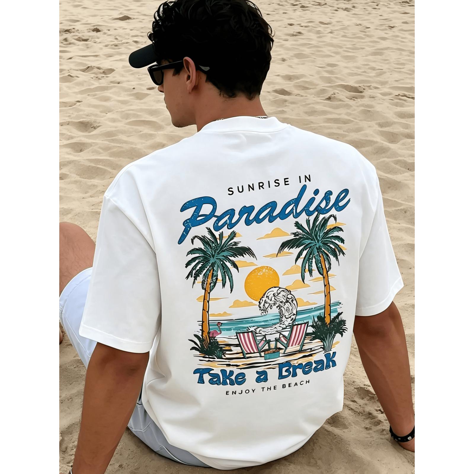 Men's "Sunrise In Paradise" Beach Graphic T-Shirt, Casual Summer Vacation Tee