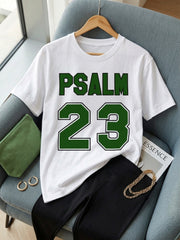 Psalm 23 Bible Verse Christian Faith Green Letter Graphic Tee for Men Women, Inspirational Scripture Short Sleeve T-Shirt, Casual Crew Neck Top for Church Gift