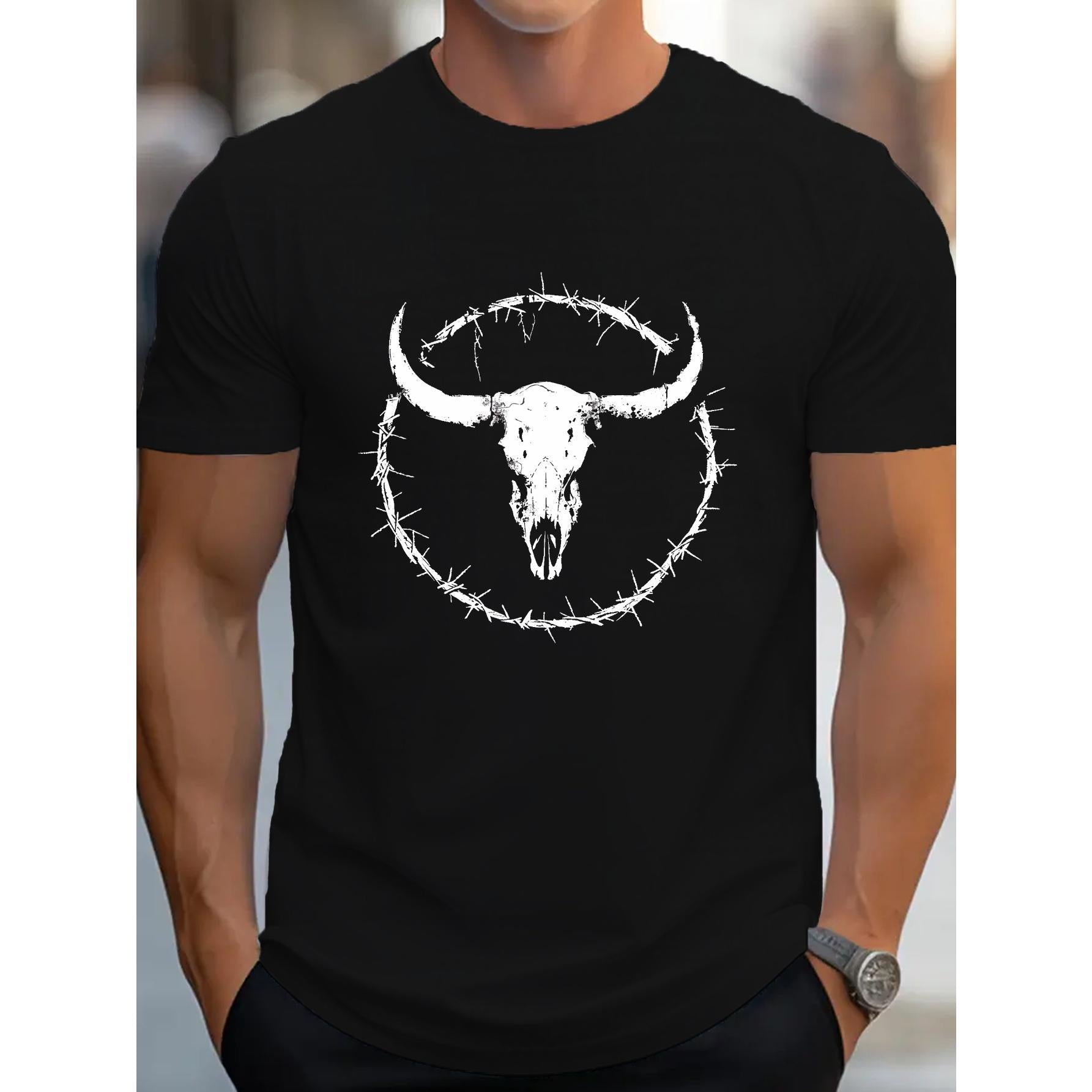 Western Bull Skull Design Men's Casual Grew Neck Short Sleeve T-Shirt