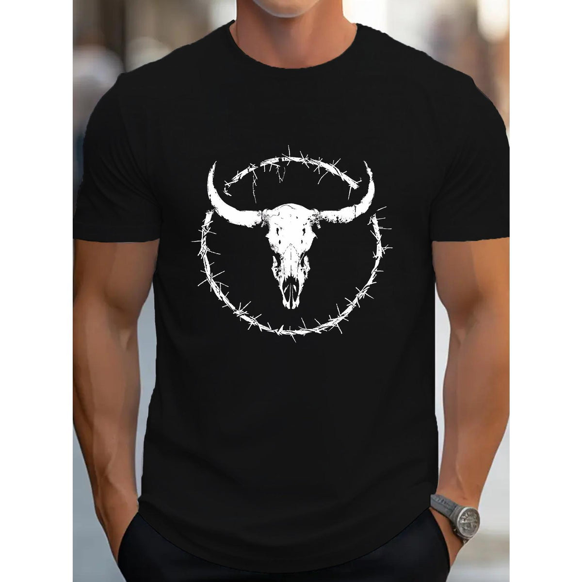 Western Bull Skull Design Men's Casual Grew Neck Short Sleeve T-Shirt