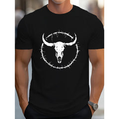 Western Bull Skull Design Men's Casual Grew Neck Short Sleeve T-Shirt