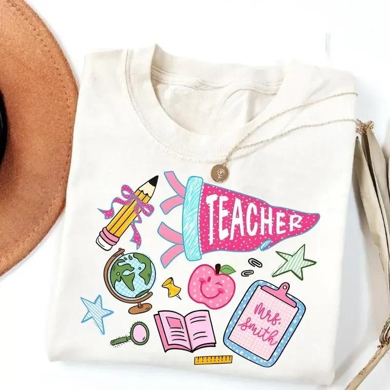 Teacher Pennant T-Shirt, Preppy Coquette Teacher Tee, School Supplies TShirt, First Day of School, Back To School Tee
