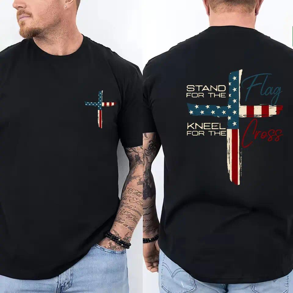 Patriotic Christian Faith T-Shirt – Stand for Flag Kneel for Cross Religious Shirt | American Pride Cross Design Tee for Men  | Conservative Christian Cotton Clothing Streetwear Classic