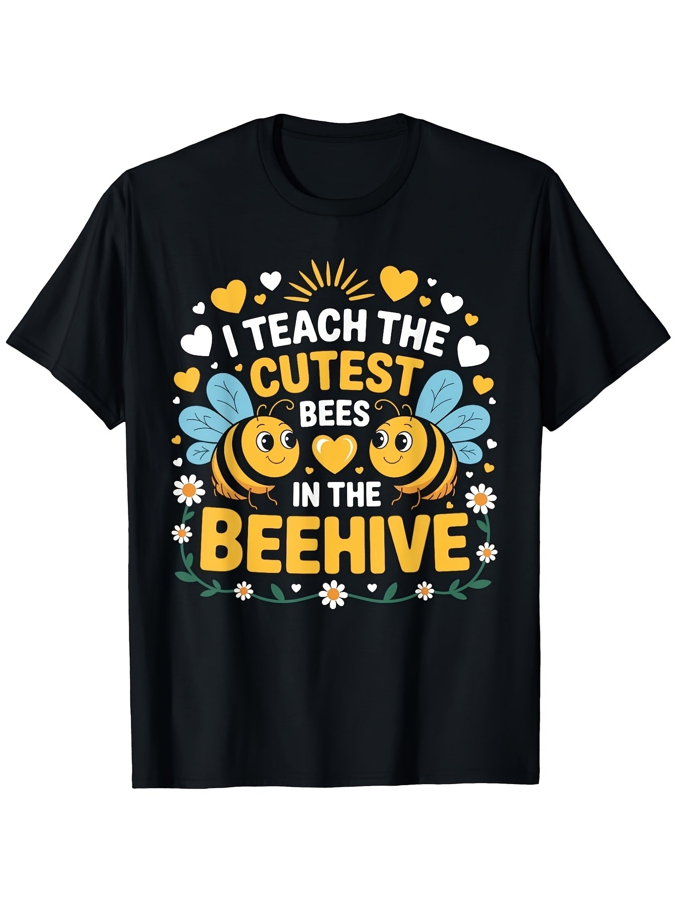 I Teach the Cutest Bees in the Beehive Teacher Graphic T-Shirt, Cute Bee Teacher Appreciation Tee, Floral Crew Neck Short Sleeve Cotton Shirt
