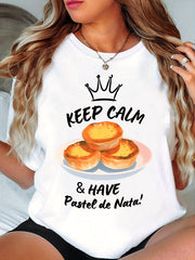 Keep Calm And Have Pastel De Nata Graphic Tee for Women Men, Portuguese Custard Tart Short Sleeve T-Shirt, Funny Food Lover Casual Crew Neck Top for Daily Wear