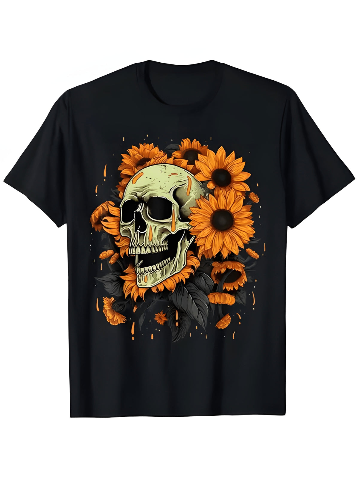 Skull and Sunflower Graphic Tshirt Eye Catching Pale Green Skull Design Surrounded by Orange Sunflowers Perfect for Unique Style and Casual Wear Tshirt