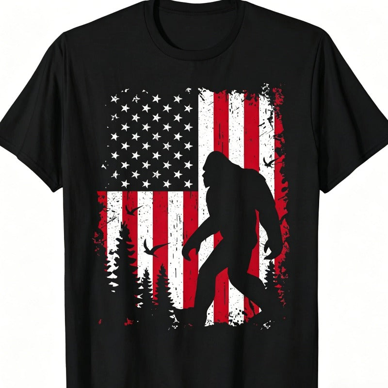 Men's Patriotic Bigfoot American Flag Graphic T-Shirt Men's 4th of July Bigfoot Humor Casual Tee