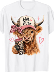 Hot Mess Highland Cow Graphic Short Sleeve T-Shirt, Unisex Cotton Crew Neck Tee, Cute Leopard Print Cow Coffee Lover Design, Casual Novelty Gift For Men And Women