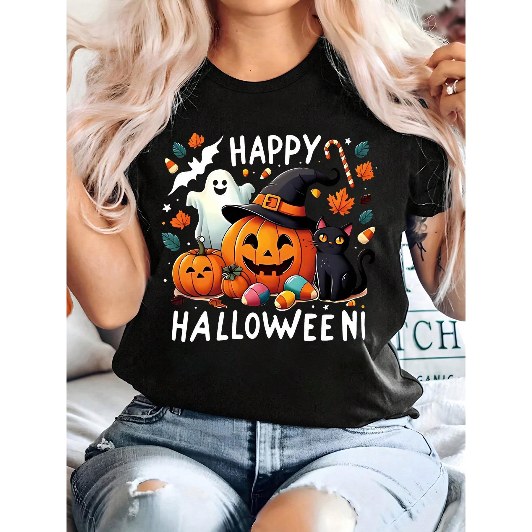 Plus Size, Women's Plus Size Halloween Witch & Pumpkin Print T-Shirt - Oversized Short Sleeve Round Neck Casual Top With Happy Halloween Bats, Witches