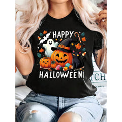Plus Size, Women's Plus Size Halloween Witch & Pumpkin Print T-Shirt - Oversized Short Sleeve Round Neck Casual Top With Happy Halloween Bats, Witches