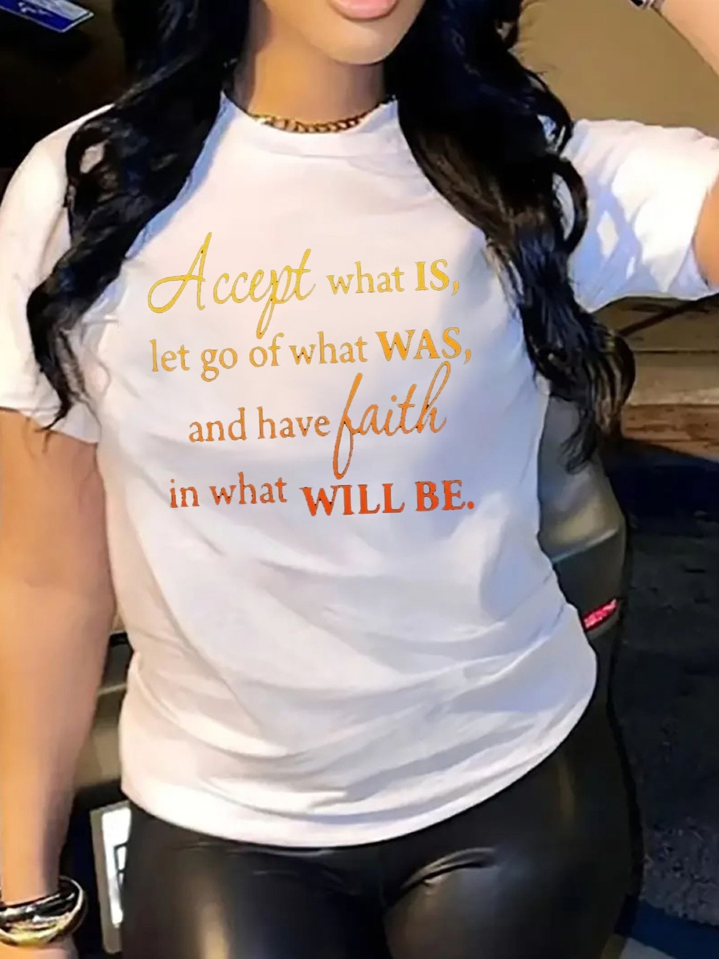 Women's Accept What Is Let Go Of What Was Graphic T‑Shirt, Positive Faith Motivational Short Sleeve Crew Neck Casual Tee