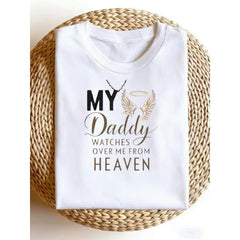 Men'S Memory T Shirt My Daddy Watches Over Me From Heaven Golden Angel Wings & Heart Print, Comfort Fit Round Neck Short Sleeve Casual Shirt