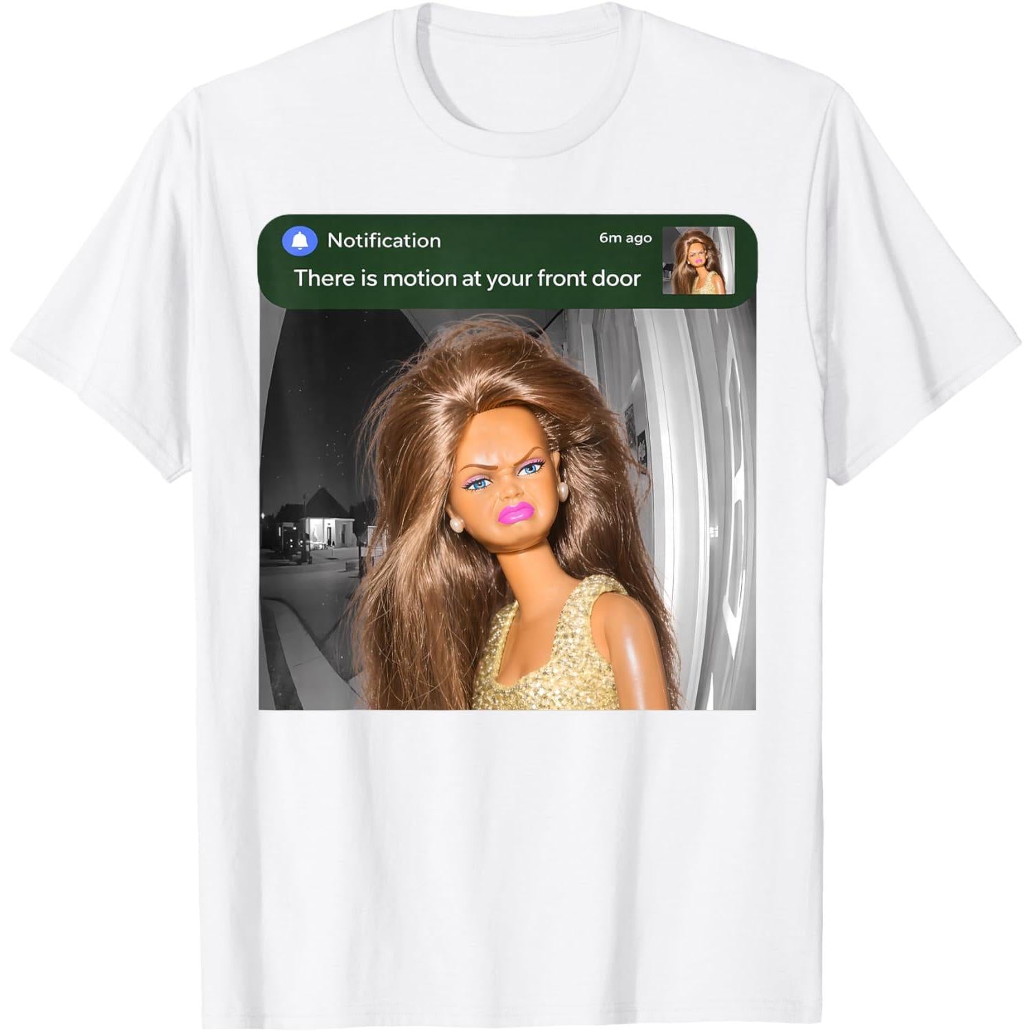 There Is Motion at Your Front Door Funny Doll Face Viral Meme Graphic T-Shirt - Smart Home Alert Parody Graphic Tee, Unisex Casual Top
