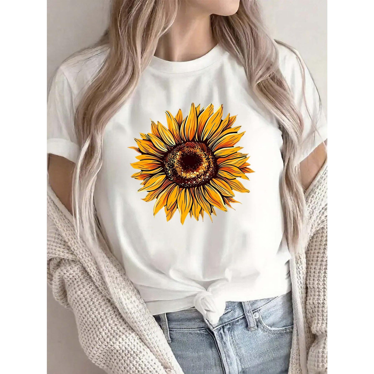 Casual Round Neck Sunflower Print T-Shirt for Women | Daily Wear, Perfect for Outdoor Activities and Leisure Outings, Design in White with Vibrant Yellow Floral Pattern