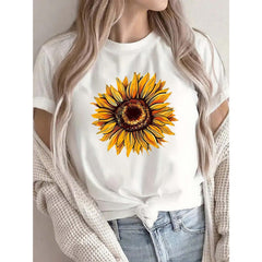 Casual Round Neck Sunflower Print T-Shirt for Women | Daily Wear, Perfect for Outdoor Activities and Leisure Outings, Design in White with Vibrant Yellow Floral Pattern
