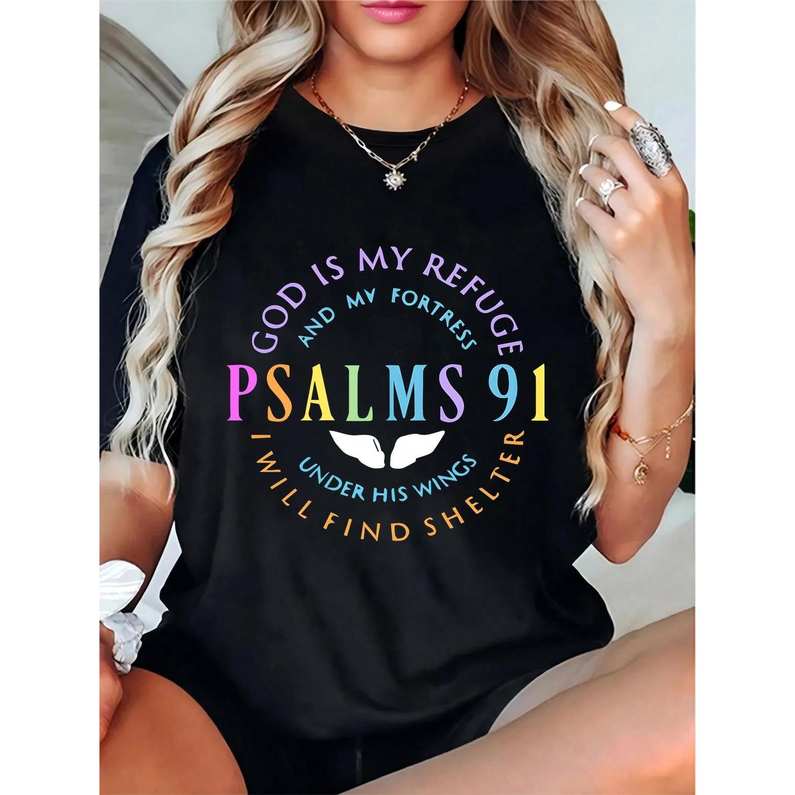 Women's Black T-Shirt With Colorful Religious Psalm 91 Text & White Wings Graphic, Christian Faith Casual Tee For Church, Daily Wear