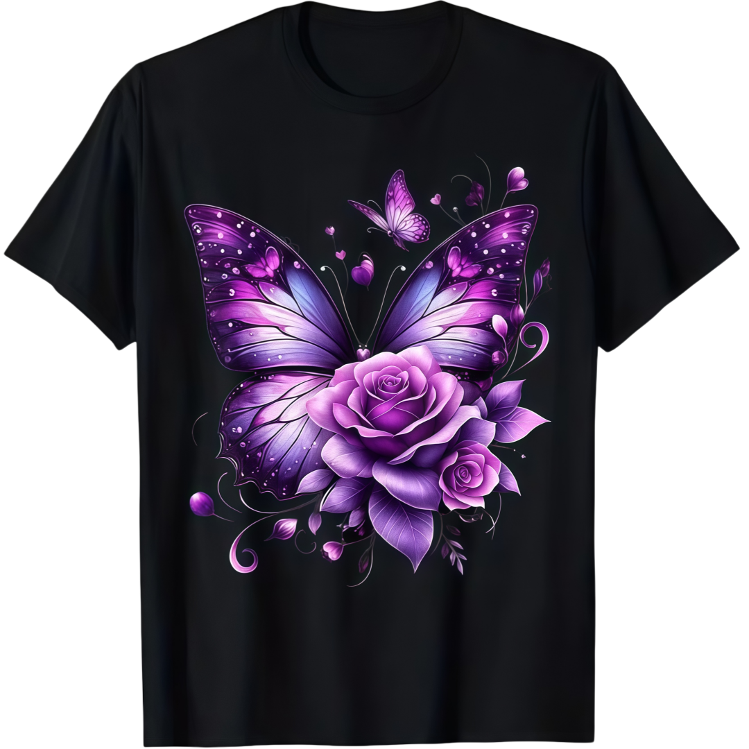 Butterfly On A Purple Colored Rose Flower Butterfly Lover T-Shirt