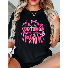 Women's 100% Cotton October We Wear Pink Breast Cancer Graphic Top - Coquette Bow Ribbon, Round Neck, Short Sleeve, Everyday Essential Unisex Cargo Sportswear, Machine Washable, All-Season Casual Sports Top