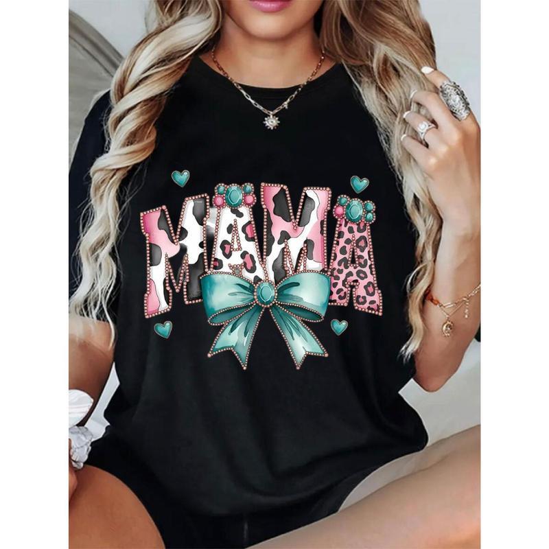 Women's Oversized Loose Fit Graphic T-Shirt - Mama Design with Hearts, Bows & Leopard Print, Soft Breathable Crew Neck Short Sleeve Casual Tee for Mother's Day Gift, All-Season Comfort, Ladies T Shirts