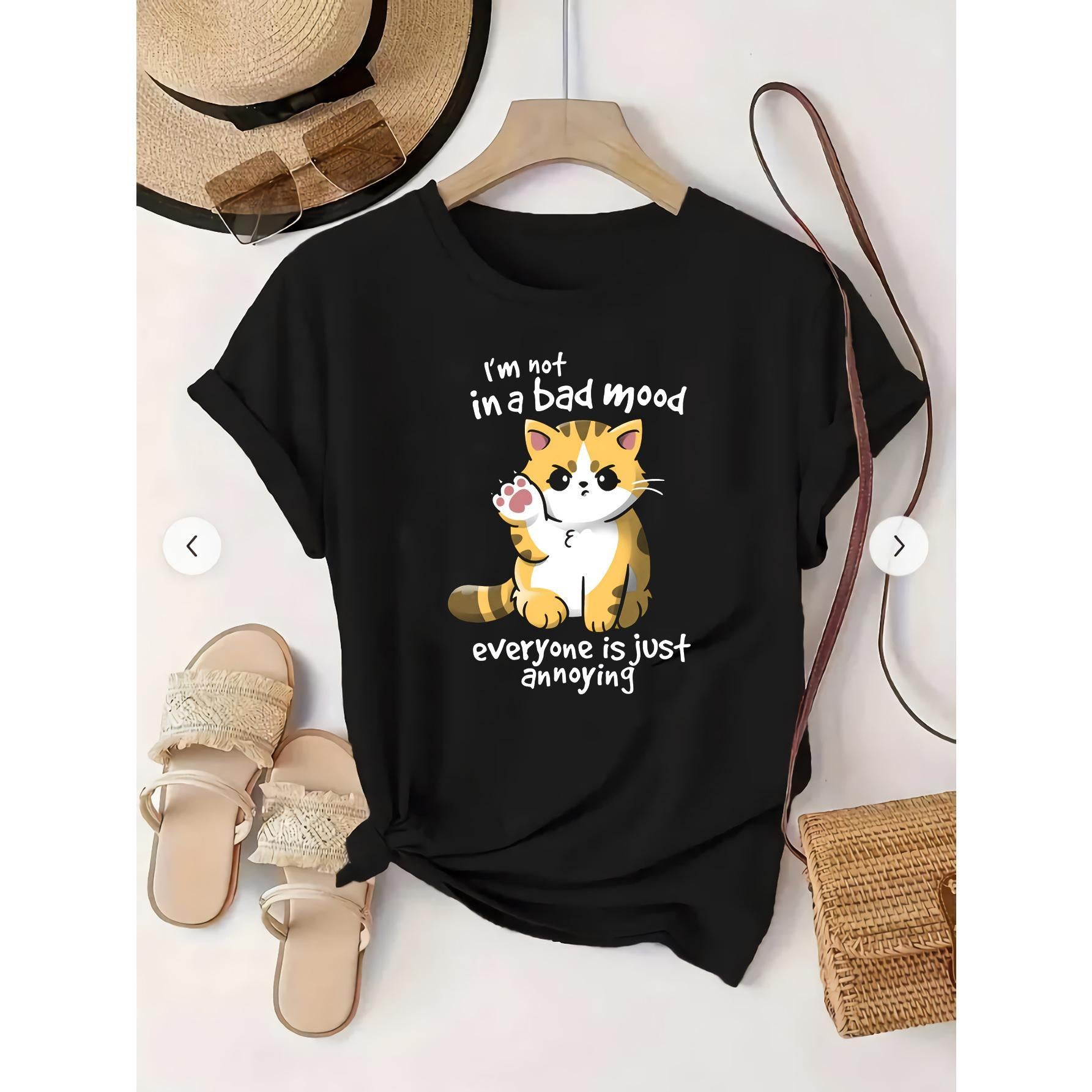 Women's Plus Size Casual Cat Print T-Shirt - "I'm Not in a Bad Mood" Humorous Graphic Tee with Slight Stretch, Short Sleeve Round Neck Summer Top, Machine Washable Black Shirt for Women, Cat Tshirt, Everyday Comfort Wear, Playful Design
