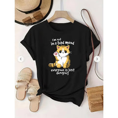 Women's Plus Size Casual Cat Print T-Shirt - "I'm Not in a Bad Mood" Humorous Graphic Tee with Slight Stretch, Short Sleeve Round Neck Summer Top, Machine Washable Black Shirt for Women, Cat Tshirt, Everyday Comfort Wear, Playful Design