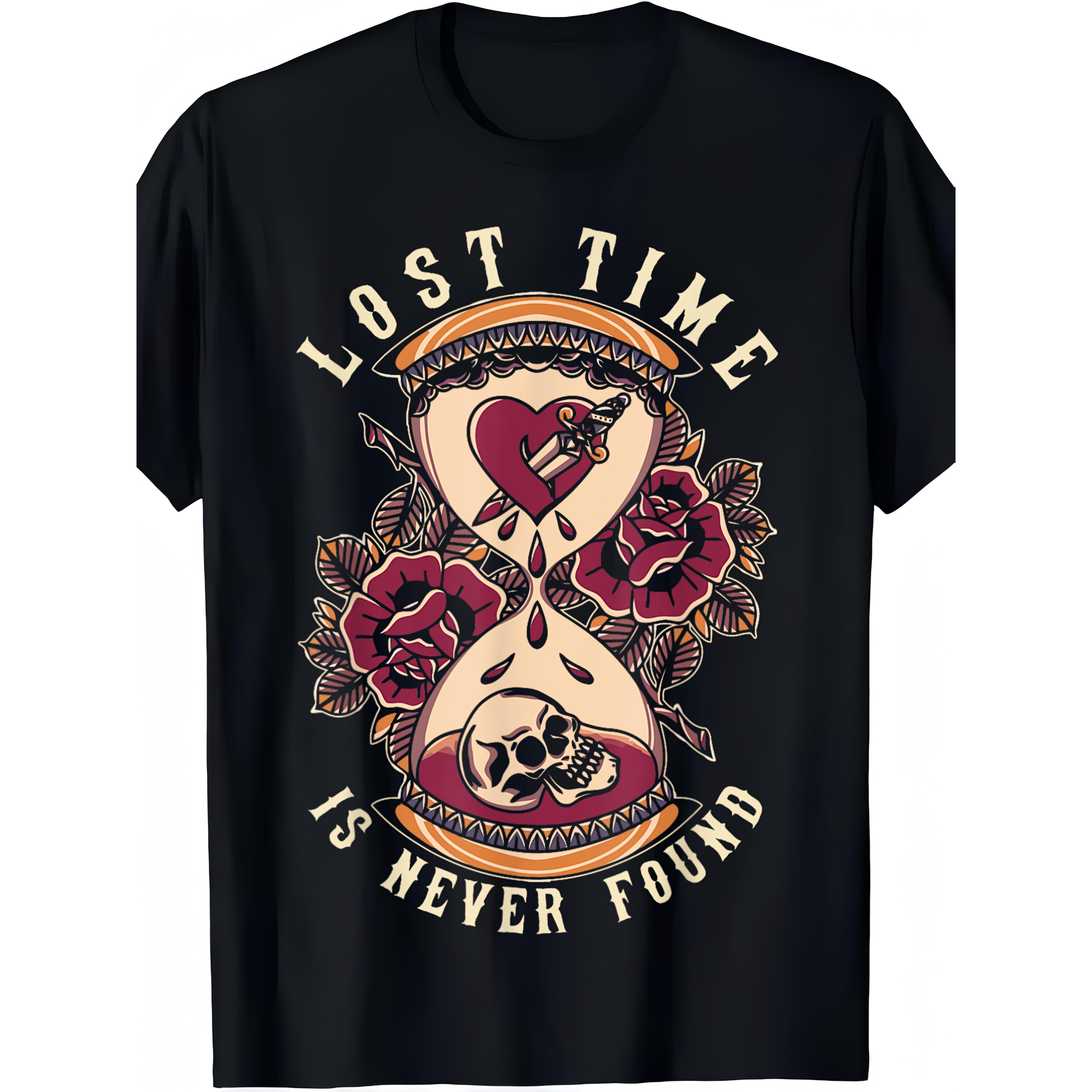Men's & Unisex Vintage Hourglass Tattoo T-Shirt - Old School Full-Body Print, Crew Neck Casual Tee